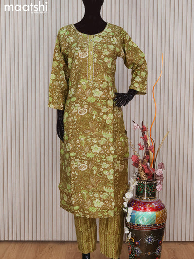 Modal readymade salwar suit sap green with allover kalamkari prints & simple neck pattern and straight cut pant & printed dupatta