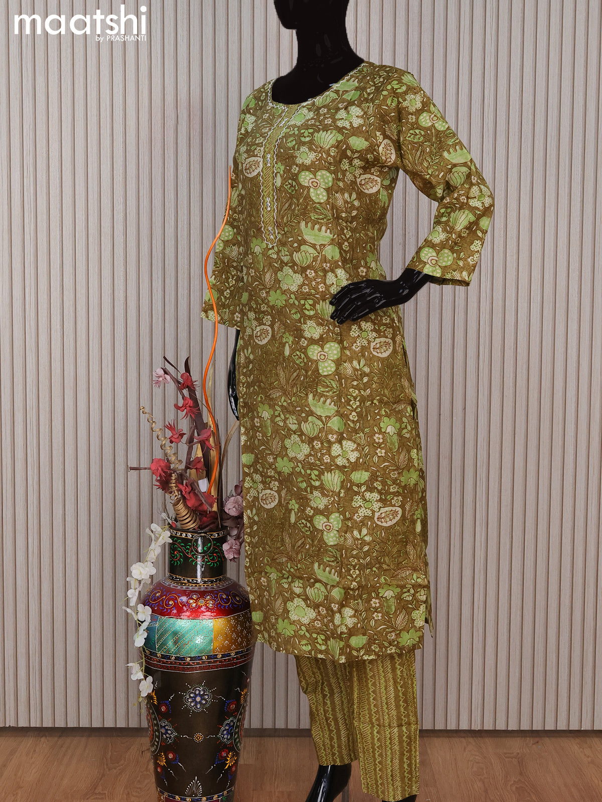 Modal readymade salwar suit sap green with allover kalamkari prints & simple neck pattern and straight cut pant & printed dupatta