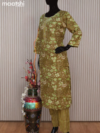 Modal readymade salwar suit sap green with allover kalamkari prints & simple neck pattern and straight cut pant & printed dupatta