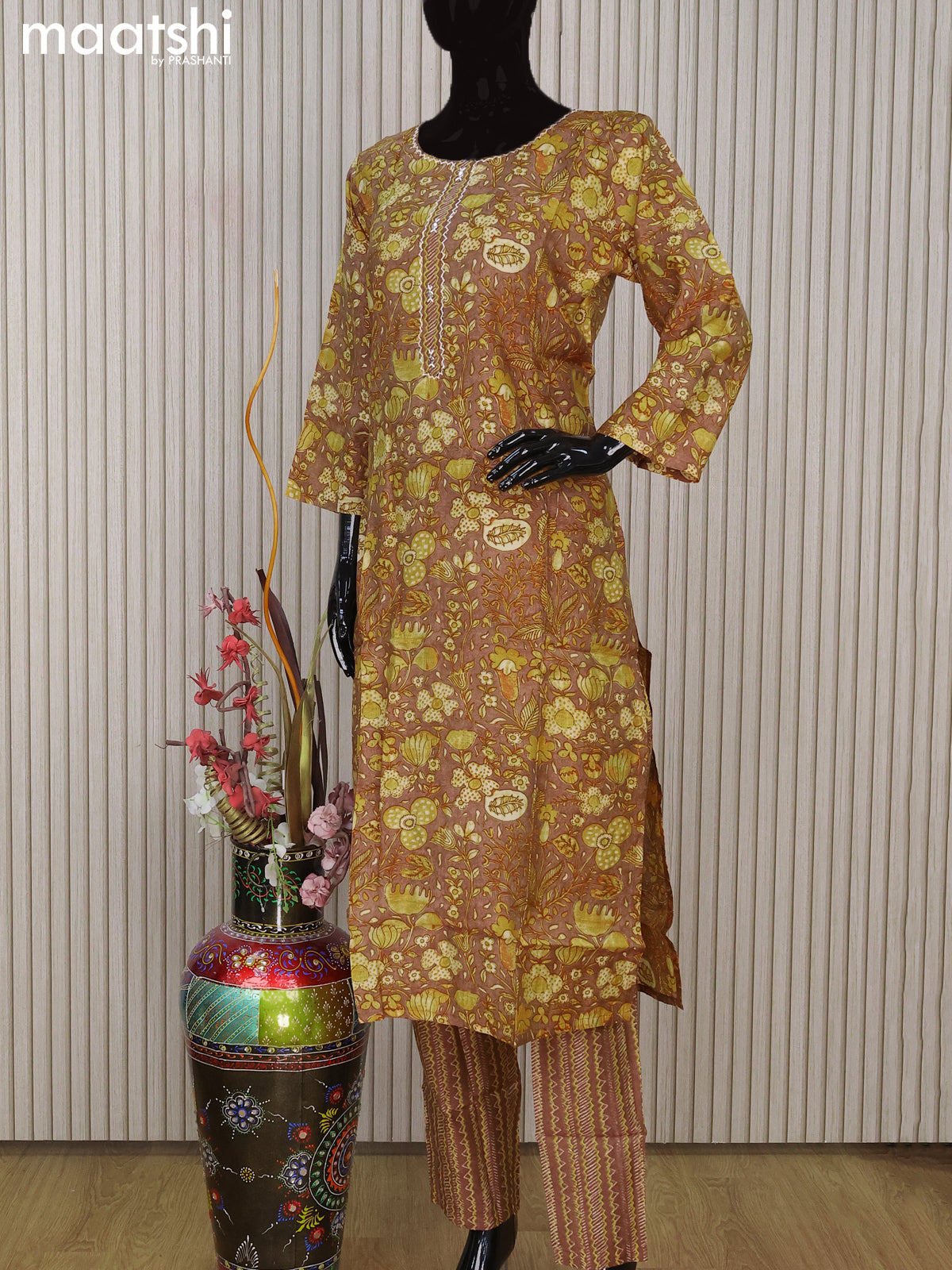 Modal readymade salwar suit brown and mustard shade with allover kalamkari prints & simple neck pattern and straight cut pant & printed dupatta