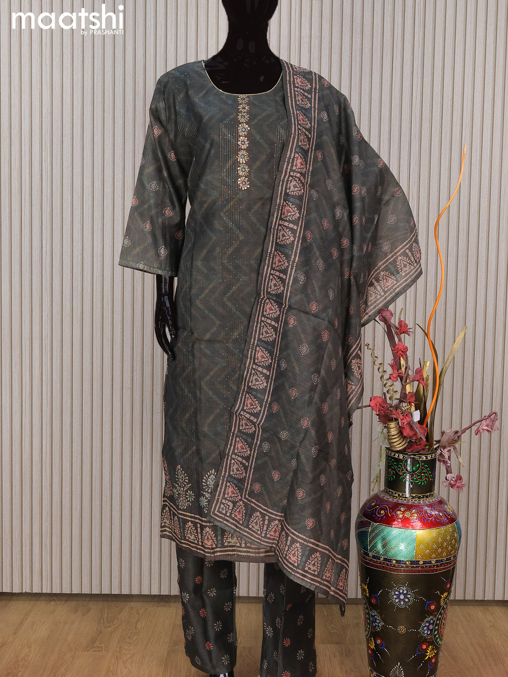 Chanderi readymade salwar suit dark sap green with allover sequin work & embroidery work neck pattern and straight cut pant & sequin work dupatta