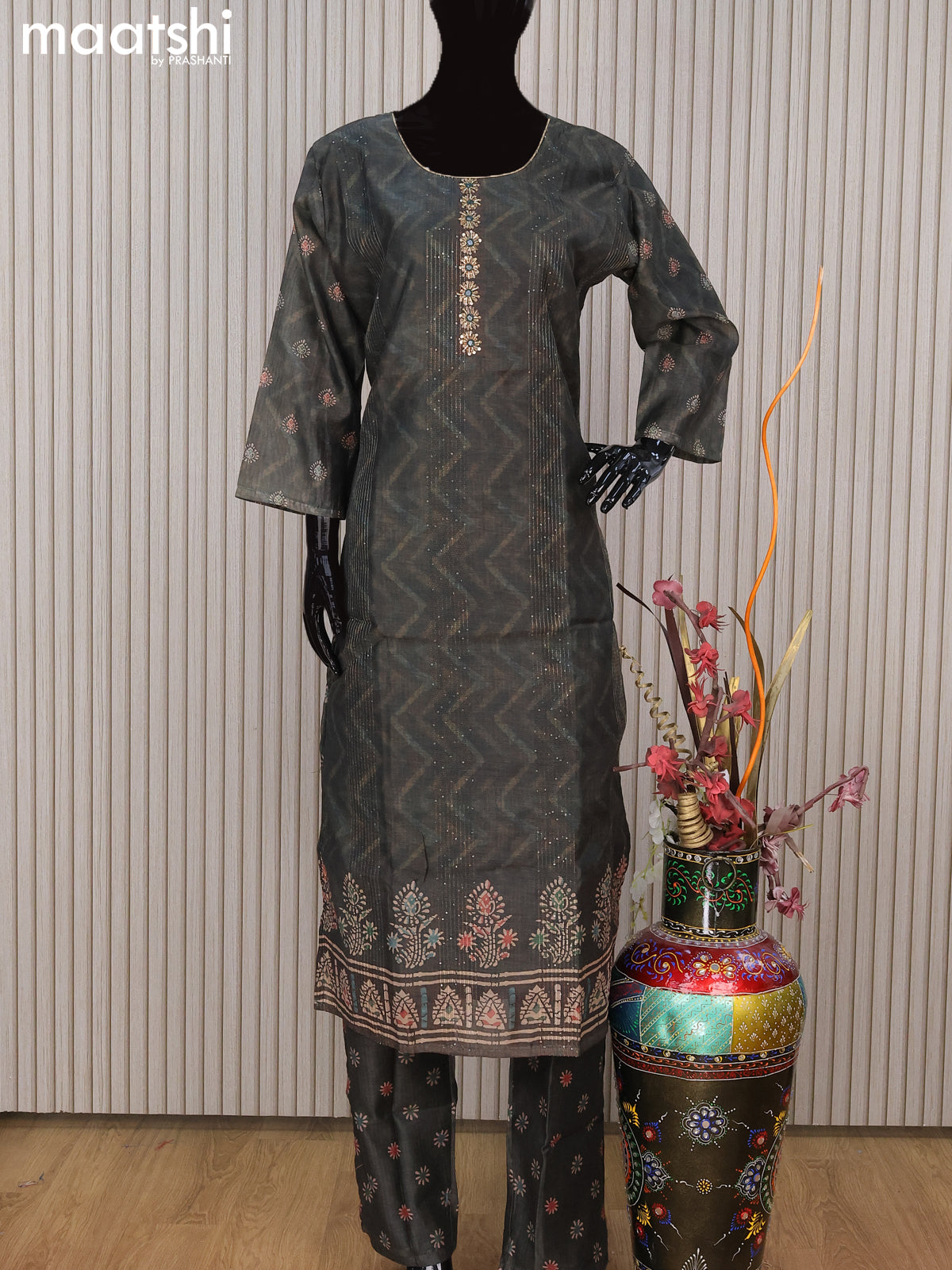 Chanderi readymade salwar suit dark sap green with allover sequin work & embroidery work neck pattern and straight cut pant & sequin work dupatta