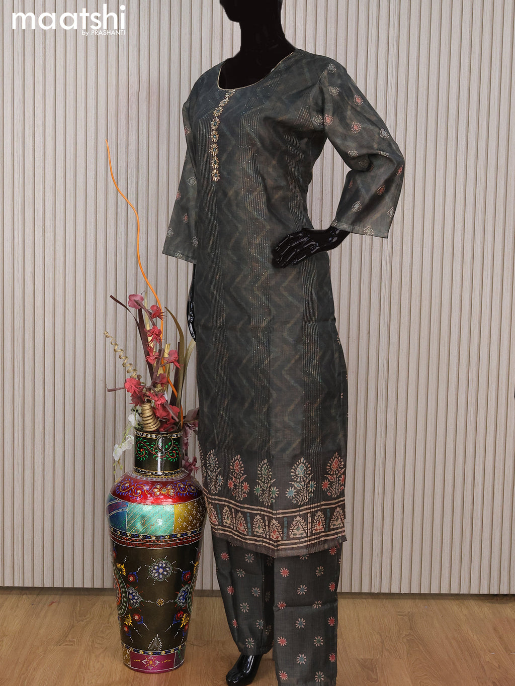 Chanderi readymade salwar suit dark sap green with allover sequin work & embroidery work neck pattern and straight cut pant & sequin work dupatta