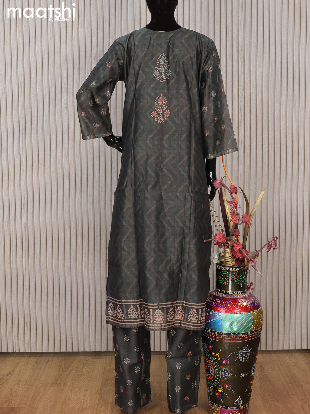 Chanderi readymade salwar suit dark sap green with allover sequin work & embroidery work neck pattern and straight cut pant & sequin work dupatta