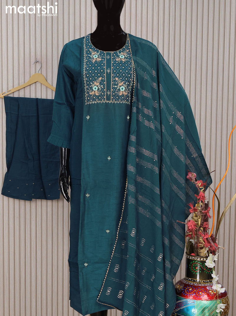 Chanderi readymade salwar suit peacock blue with allover beaded embroidery work neck pattern and straight cut pant & sequin work dupatta