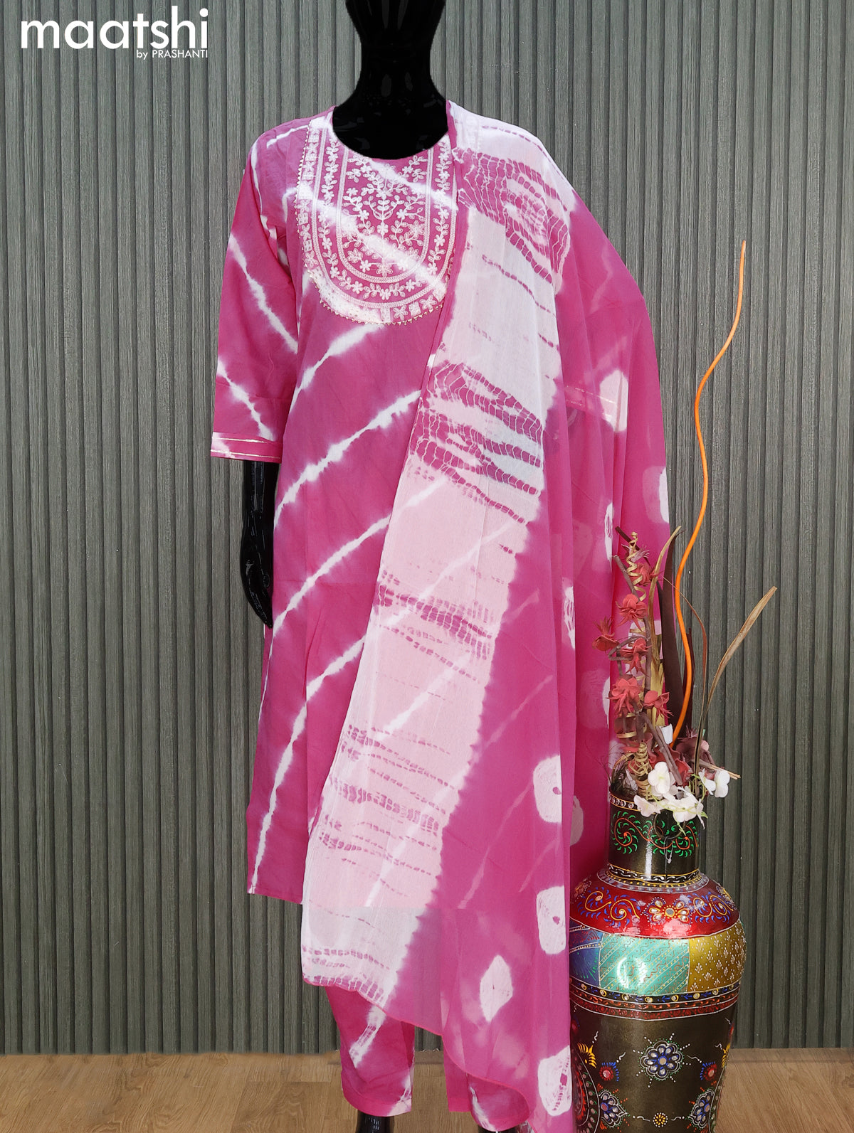 Cotton readymade salwar suit pink with tie & tie prints & embroidery work neck pattern and straight cut pant & chiffon dupatta