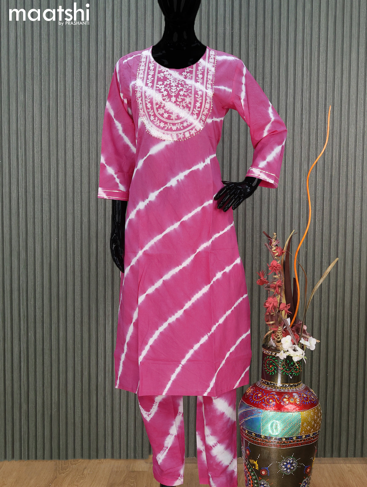 Cotton readymade salwar suit pink with tie & tie prints & embroidery work neck pattern and straight cut pant & chiffon dupatta