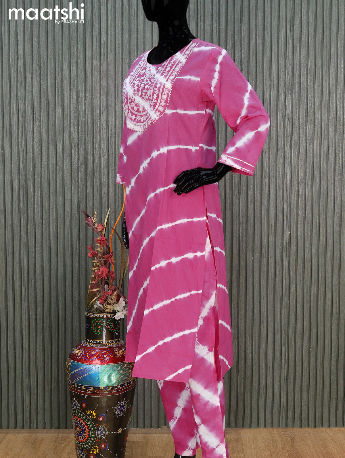 Cotton readymade salwar suit pink with tie & tie prints & embroidery work neck pattern and straight cut pant & chiffon dupatta