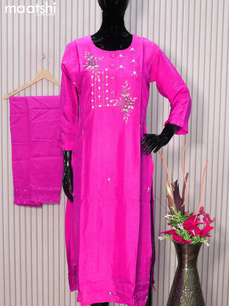 Muslin readymade party wear salwar suits pink with embroidery & beaded work neck pattern and straight cut pant & organza dupatta
