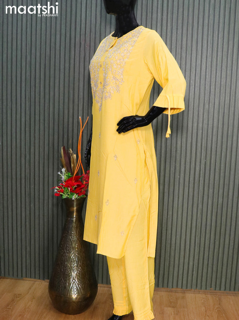 Chanderi readymade party wear salwar suits yellow with embroidery & beaded work neck pattern and straight cut pant & dupatta