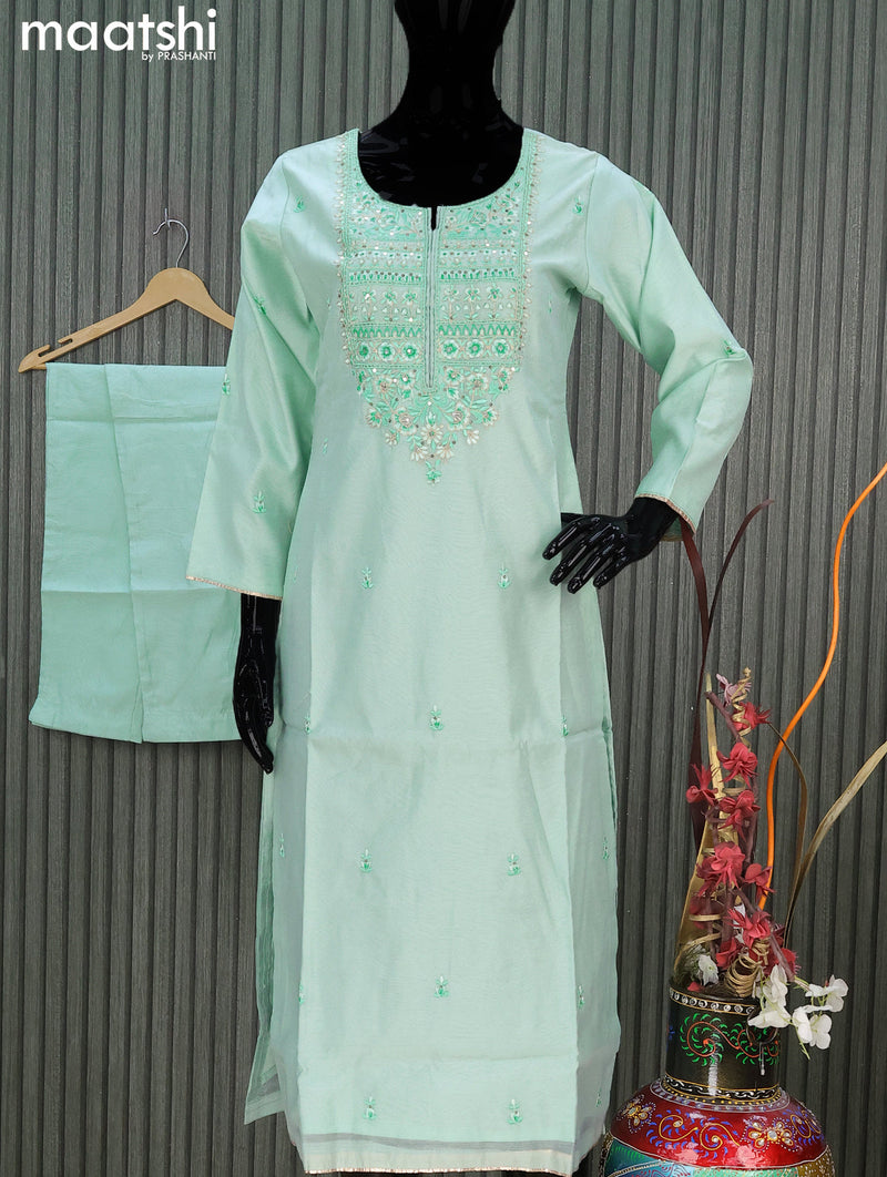 Chanderi readymade salwar suit teal green shade with embroidery work neck pattern and straight cut pant & chiffon dupatta