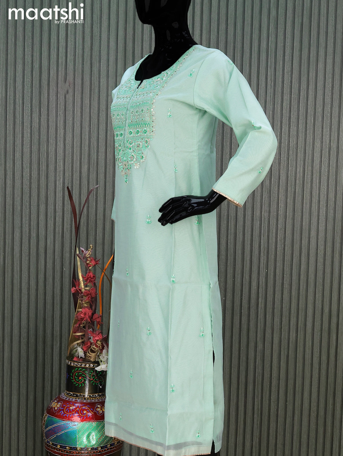Chanderi readymade salwar suit teal green shade with embroidery work neck pattern and straight cut pant & chiffon dupatta