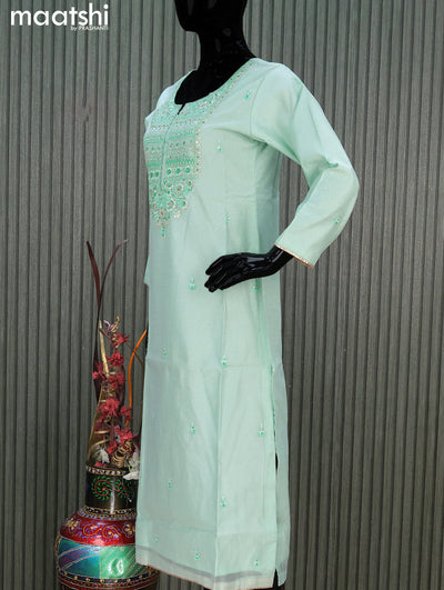 Chanderi readymade salwar suit teal green shade with embroidery work neck pattern and straight cut pant & chiffon dupatta