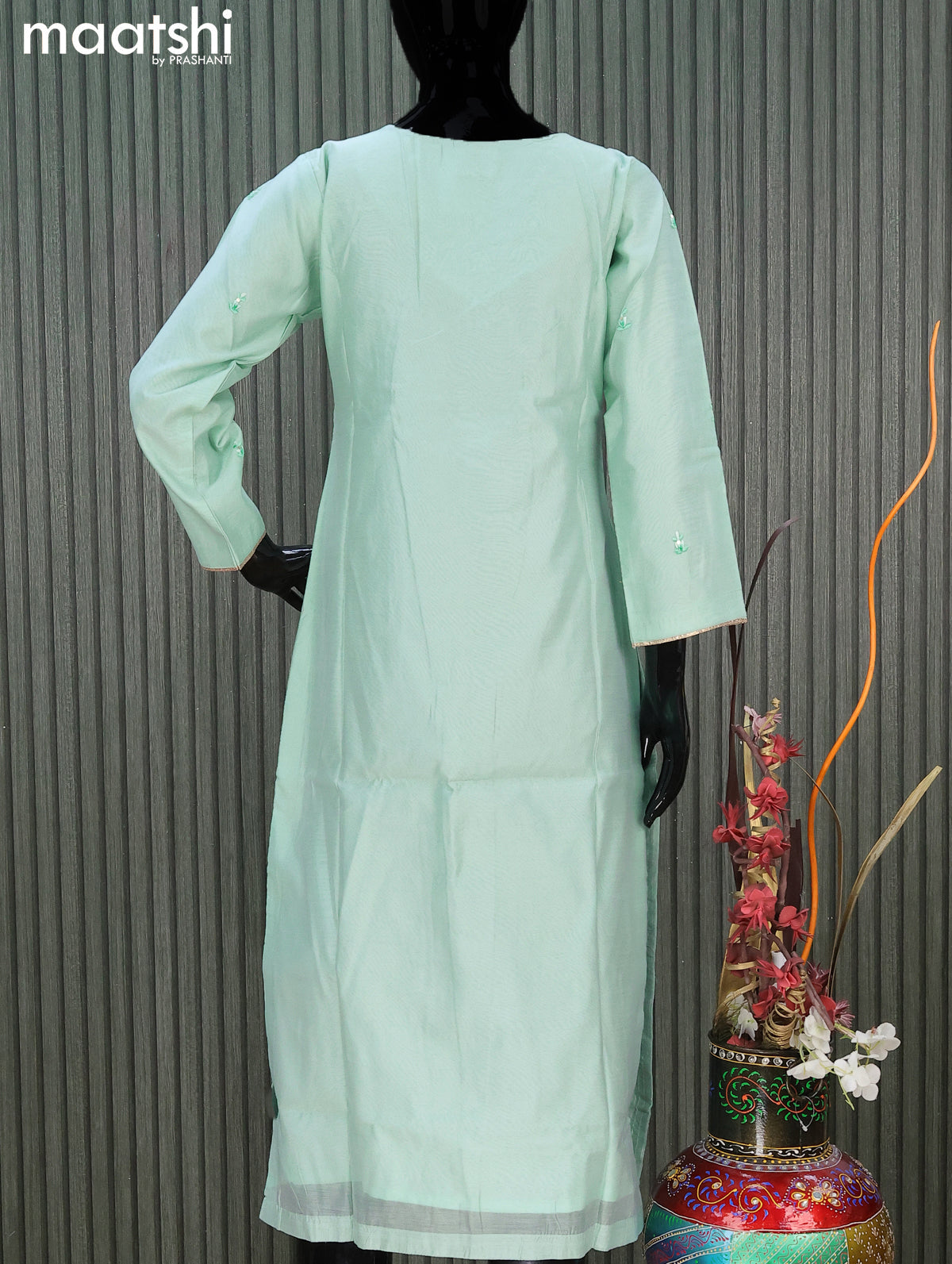 Chanderi readymade salwar suit teal green shade with embroidery work neck pattern and straight cut pant & chiffon dupatta
