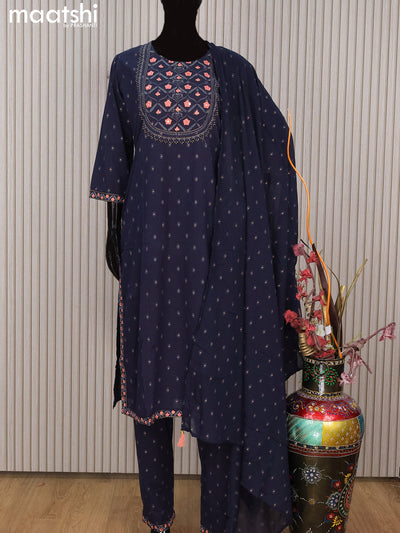 Cotton readymade salwar suit dark blue with butta prints & embroidery work neck pattern and straight cut pant & cotton dupatta