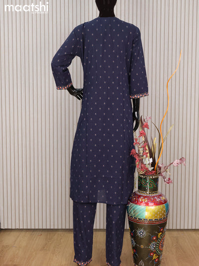 Cotton readymade salwar suit dark blue with butta prints & embroidery work neck pattern and straight cut pant & cotton dupatta