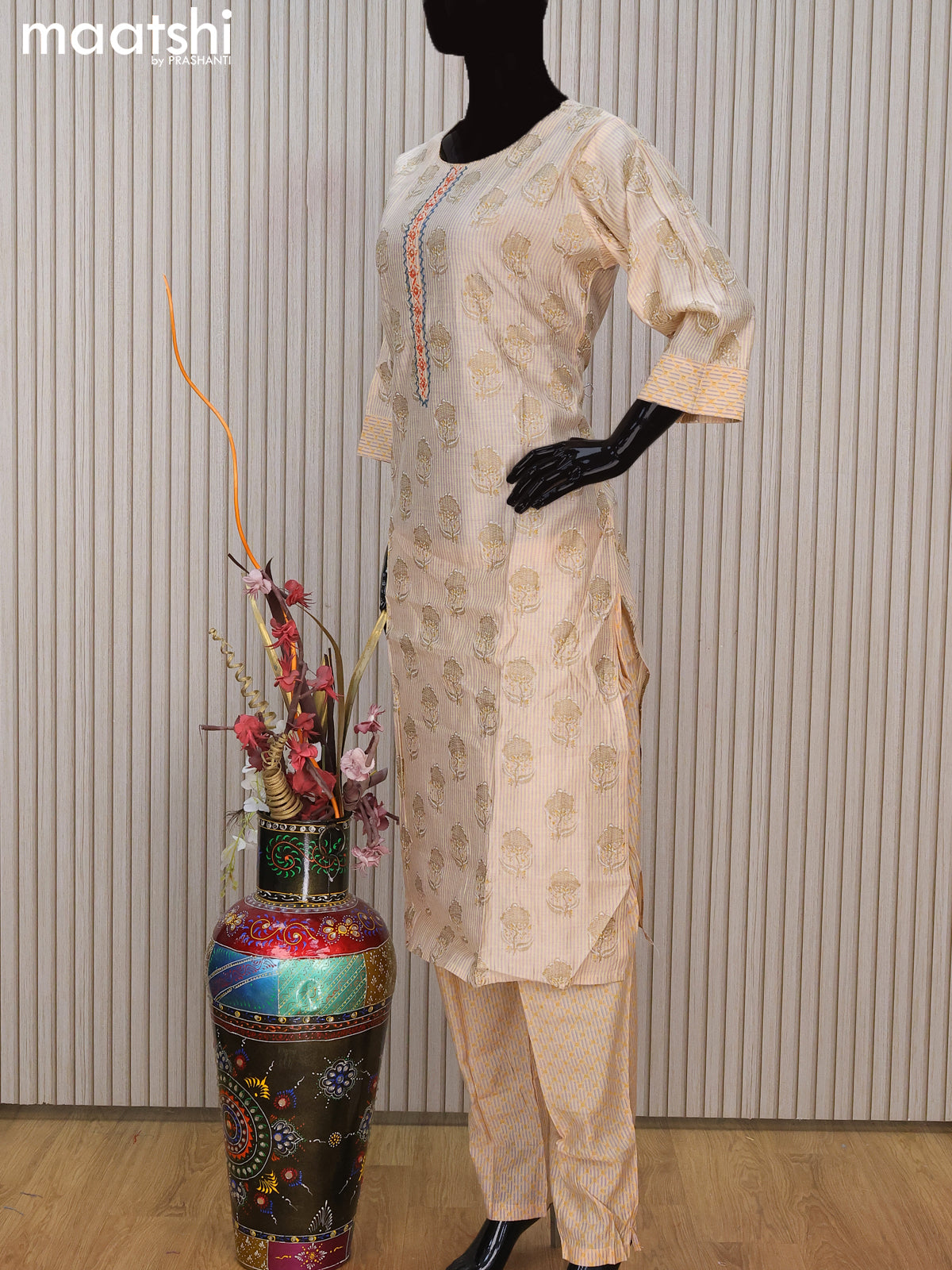 Chanderi readymade salwar suit beige and rustic orange with allover butta prints & embroidery work neck pattern and straight cut pant & printed dupatta