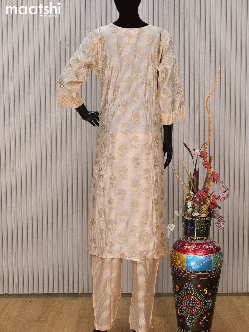 Chanderi readymade salwar suit beige and rustic orange with allover butta prints & embroidery work neck pattern and straight cut pant & printed dupatta
