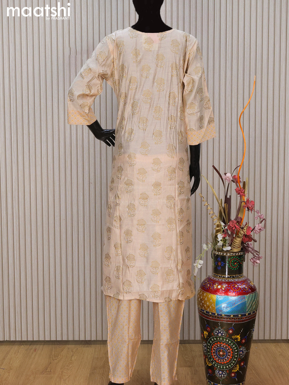 Chanderi readymade salwar suit beige and rustic orange with allover butta prints & embroidery work neck pattern and straight cut pant & printed dupatta