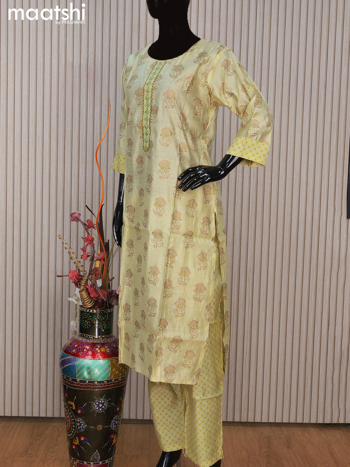 Chanderi readymade salwar suit pista green with allover butta prints & embroidery work neck pattern and straight cut pant & printed dupatta