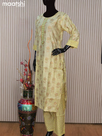 Chanderi readymade salwar suit pista green with allover butta prints & embroidery work neck pattern and straight cut pant & printed dupatta