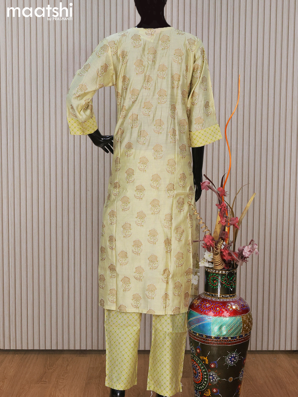 Chanderi readymade salwar suit pista green with allover butta prints & embroidery work neck pattern and straight cut pant & printed dupatta