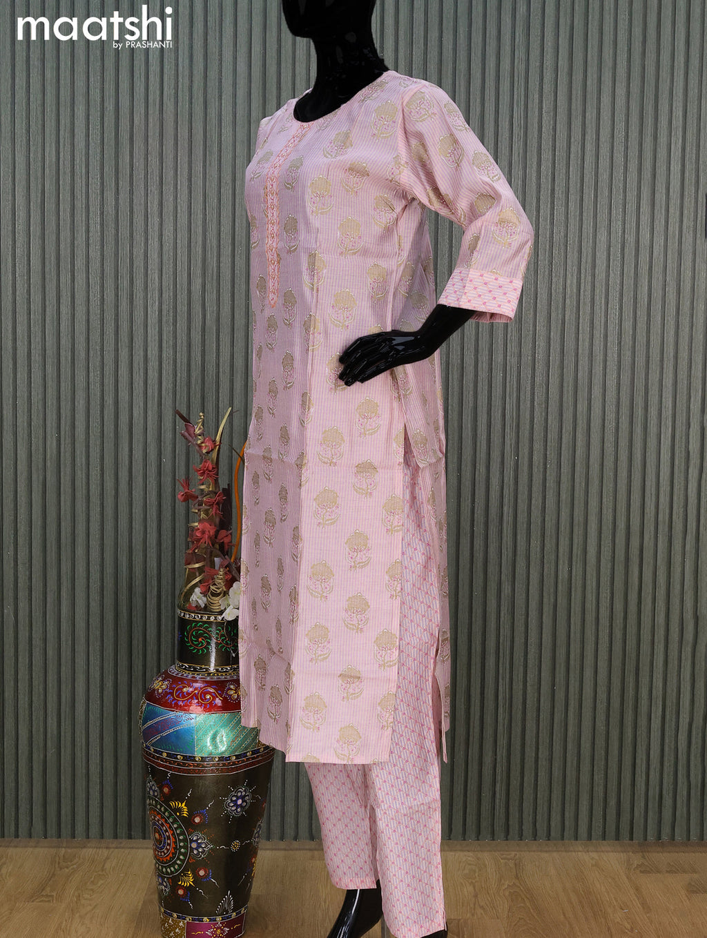 Chanderi readymade salwar suit pastel pink with allover butta prints & embroidery work neck pattern and straight cut pant & printed dupatta