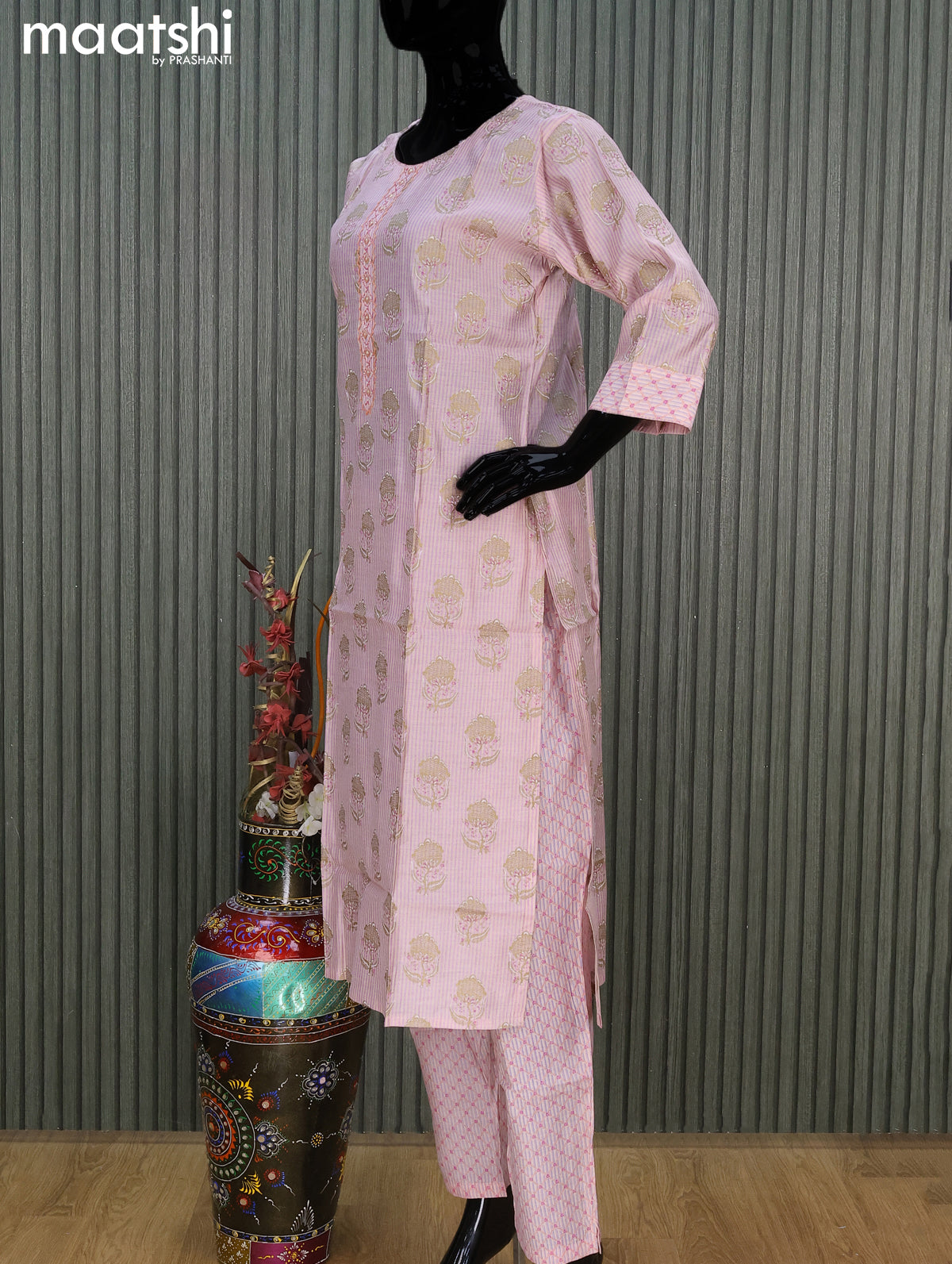 Chanderi readymade salwar suit pastel pink with allover butta prints & embroidery work neck pattern and straight cut pant & printed dupatta