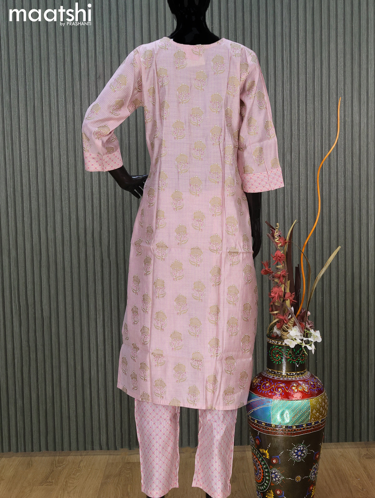 Chanderi readymade salwar suit pastel pink with allover butta prints & embroidery work neck pattern and straight cut pant & printed dupatta
