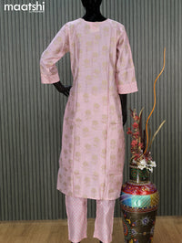 Chanderi readymade salwar suit pastel pink with allover butta prints & embroidery work neck pattern and straight cut pant & printed dupatta