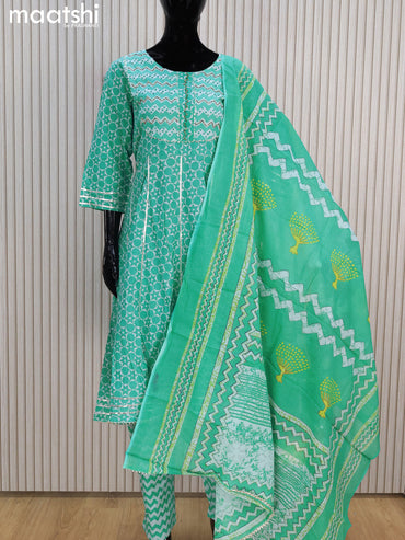 Cotton readymade anarkali salwar suits teal green shade with allover prints & embroidery gottapatti lace work neck pattern and straight cut pant & dupatta