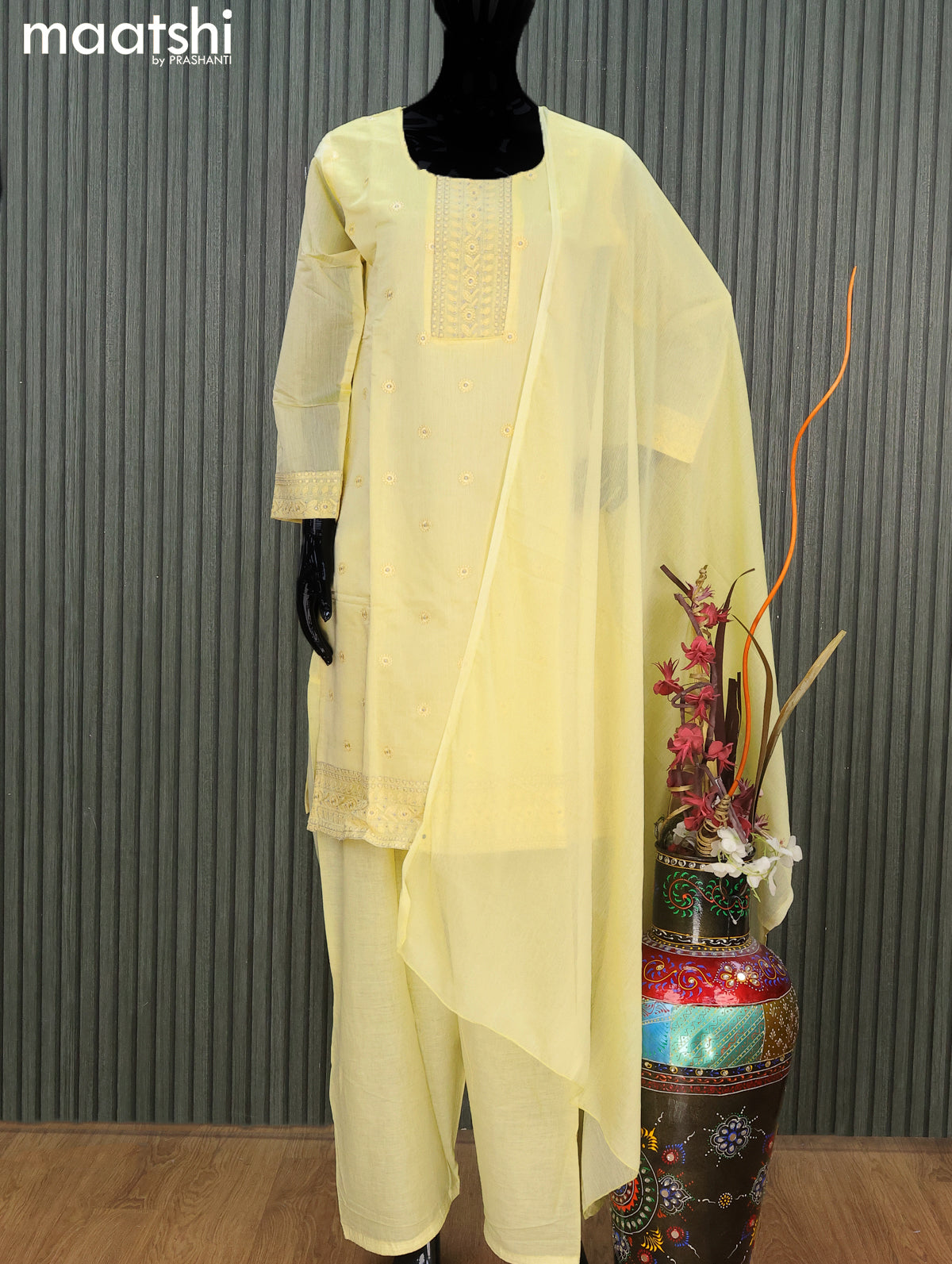 Chanderi readymade salwar suit pale yellow with embroidery work neck pattern and straight cut pant & chiffon dupatta