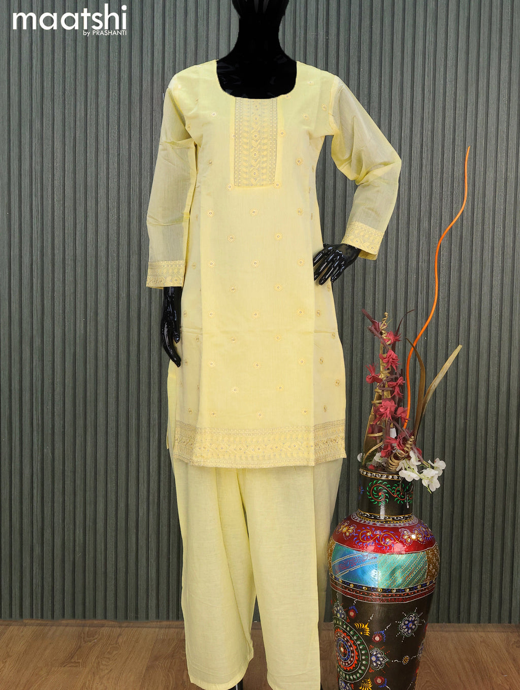 Chanderi readymade salwar suit pale yellow with embroidery work neck pattern and straight cut pant & chiffon dupatta