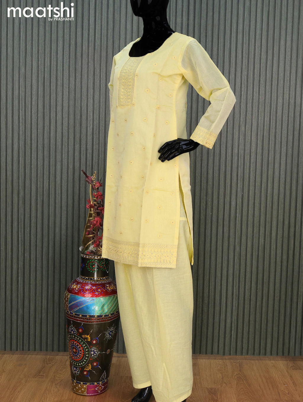Chanderi readymade salwar suit pale yellow with embroidery work neck pattern and straight cut pant & chiffon dupatta