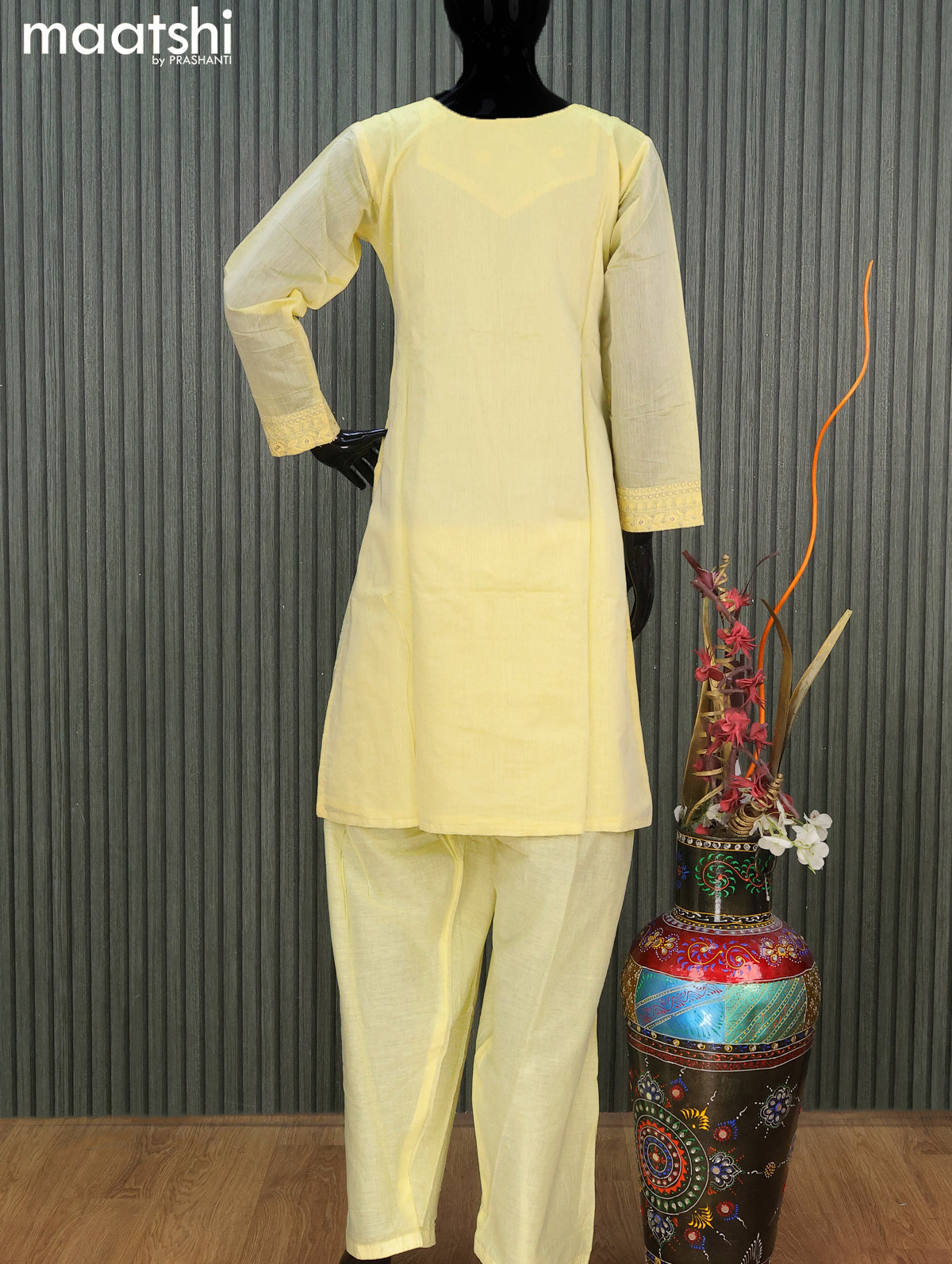 Chanderi readymade salwar suit pale yellow with embroidery work neck pattern and straight cut pant & chiffon dupatta