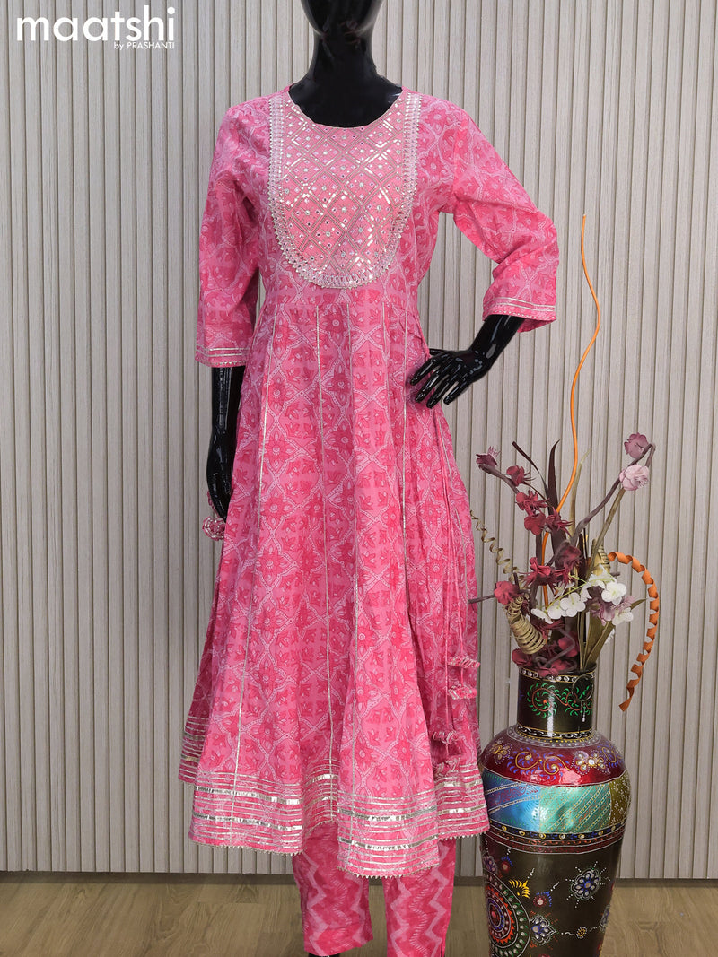 Cotton readymade anarkali salwar suits pink shade with allover prints & sequin gottapatti lace work and straight cut pant & chiffon dupatta