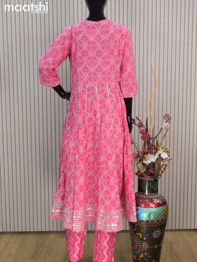 Cotton readymade anarkali salwar suits pink shade with allover prints & sequin gottapatti lace work and straight cut pant & chiffon dupatta