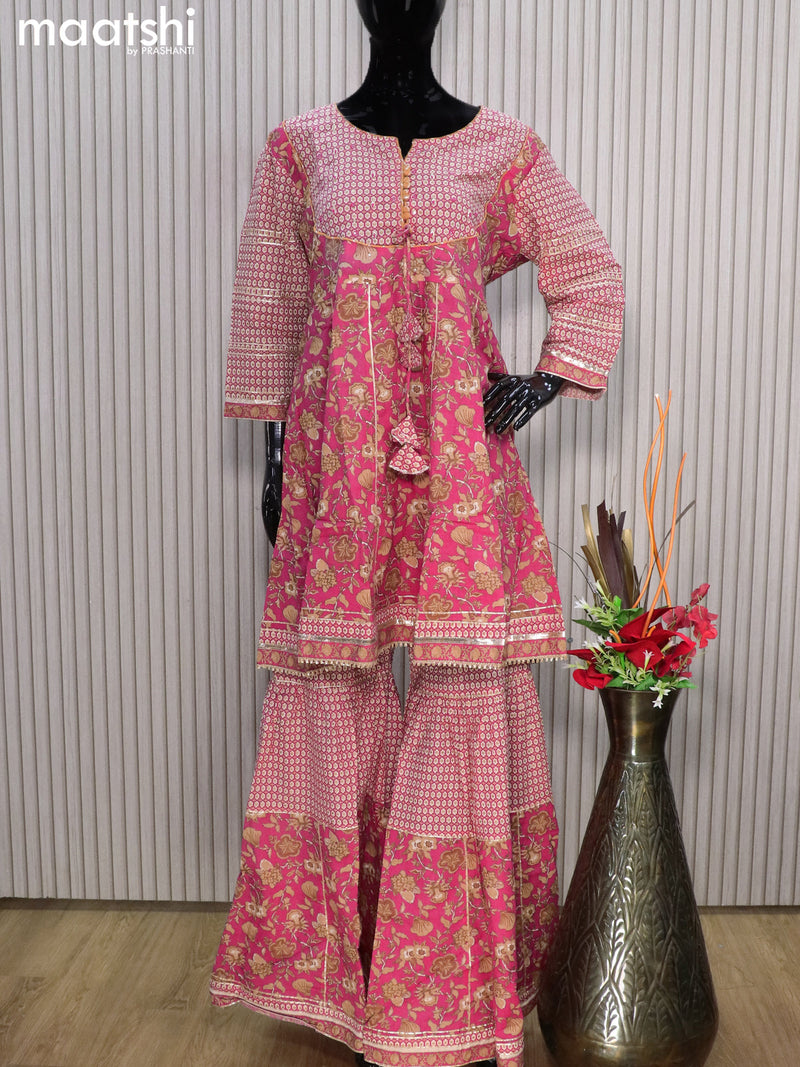 Cotton readymade party wear salwar suits pink with allover prints & sequin work and elephant palazzo pant & dupatta