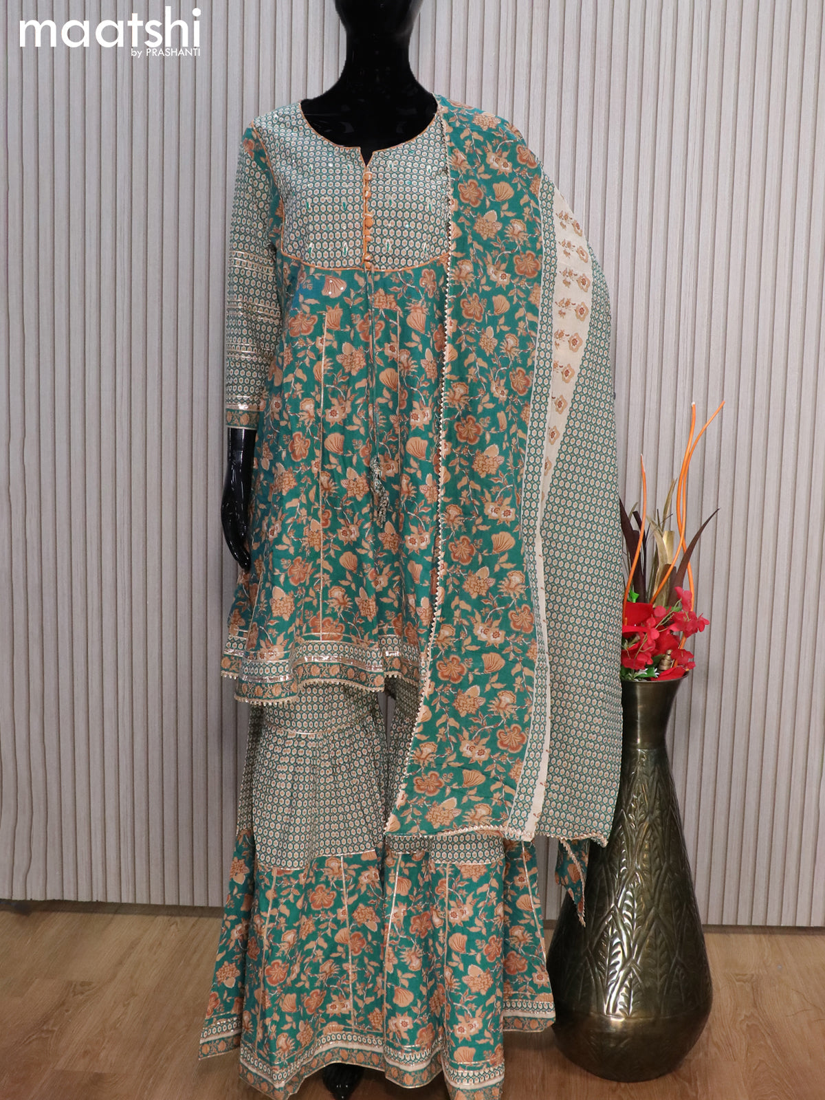 Cotton readymade party wear salwar suits teal blue with allover prints & sequin work and elephant palazzo pant & dupatta