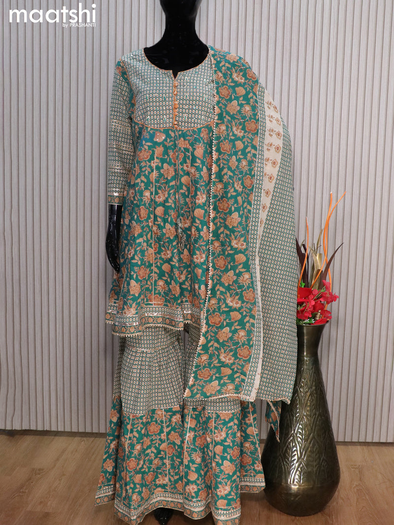 Cotton readymade party wear salwar suits teal blue with allover prints & sequin work and elephant palazzo pant & dupatta