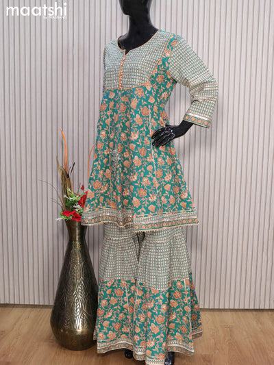 Cotton readymade party wear salwar suits teal blue with allover prints & sequin work and elephant palazzo pant & dupatta