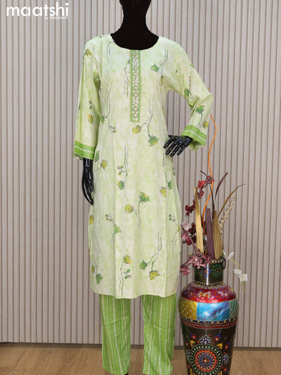 Soft cotton readymade salwar suit mild pista green with allover prints & embroidery work neck pattern and straight cut pant & dupatta