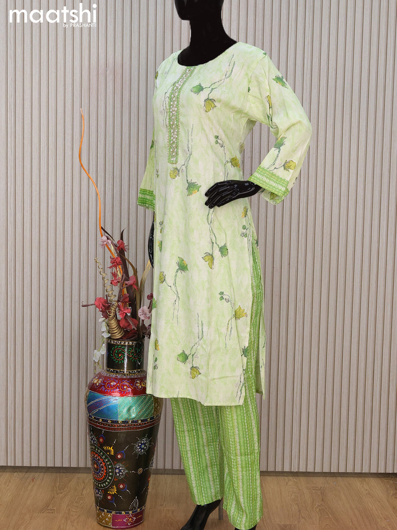 Soft cotton readymade salwar suit mild pista green with allover prints & embroidery work neck pattern and straight cut pant & dupatta