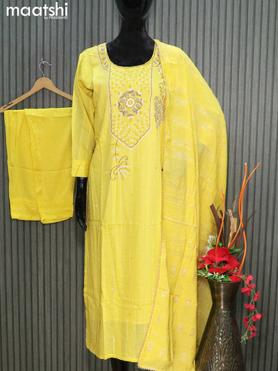 Soft cotton readymade party wear salwar suits lime yellow with allover beaded embroidery work neck pattern and straight cut pant & sequin work dupatta
