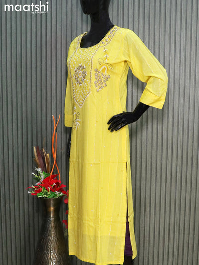Soft cotton readymade party wear salwar suits lime yellow with allover beaded embroidery work neck pattern and straight cut pant & sequin work dupatta