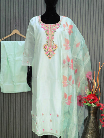 Chanderi readymade party wear salwar suits light blue with embroidery & mirror work neck pattern and straight cut pant & organza dupatta
