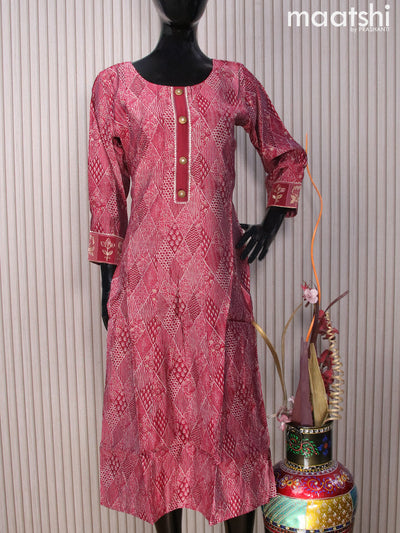 Muslin readymade umbrella kurti beige and maroon with allover prints & gotapatti lace work neck pattern without pant