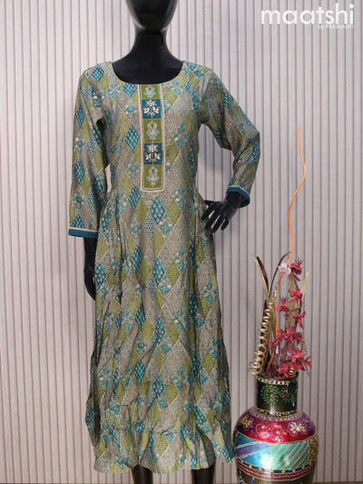 Muslin readymade umbrella kurti green and peacock green with allover prints & embroidery work neck pattern without pant