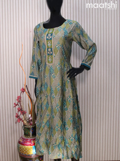 Muslin readymade umbrella kurti green and peacock green with allover prints & embroidery work neck pattern without pant