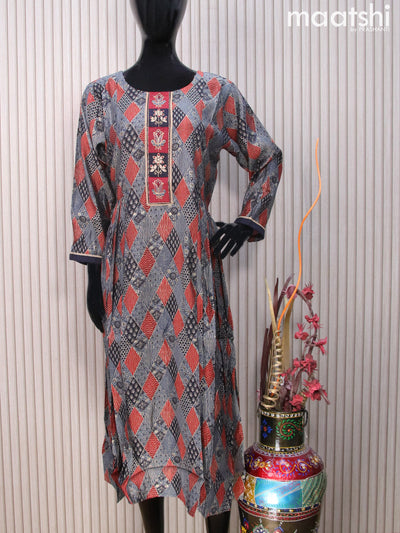 Muslin readymade umbrella kurti indigo blue and maroon with allover prints & embroidery work neck pattern without pant